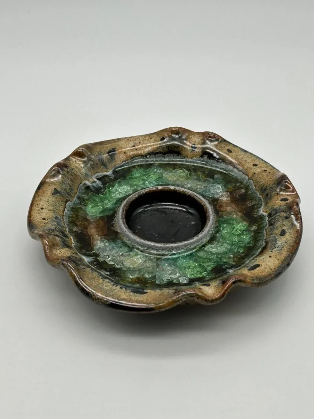 Pottery Fused Crushed Glass Votive Candle Light Holder Green & Brown Speckled